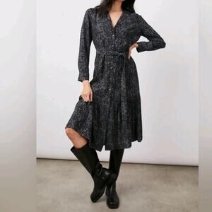 NEW RAILS Beatrice Charcoal Cheetah Dress Medium Midi Satin Belted Long Sleeve